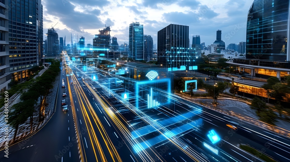 Naklejka premium Smart City Highway, Digital Overlay, IoT - Smart city technology