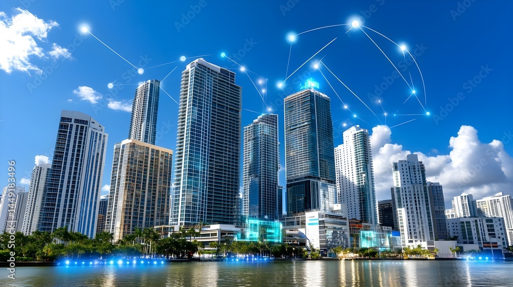 Fototapeta premium Smart City Skyline, Network, Technology - Smart Cities