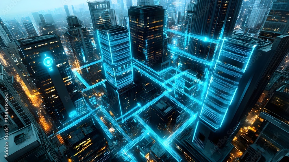 Obraz premium Futuristic Cityscape, Digital Network, Smart City - Futuristic/Cybe.