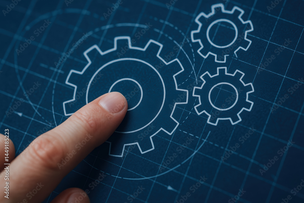 Fototapeta premium Finger points to mechanical gear drawing on blueprint symbolizing consulting and engineering concepts in technical workspace environment