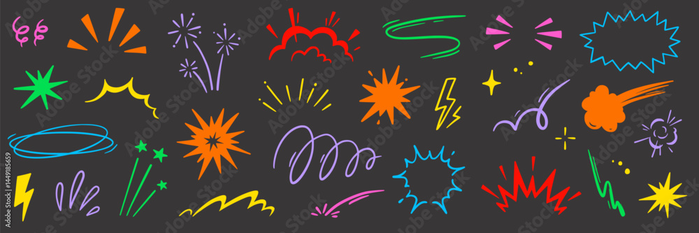 Fototapeta premium Cartoon comic element speed effect doodle line set. Comic boom motion, explosive energy, line speed cartoon vector graphic icon. Hand drawn cute sketch doodle effect. Vector illustration