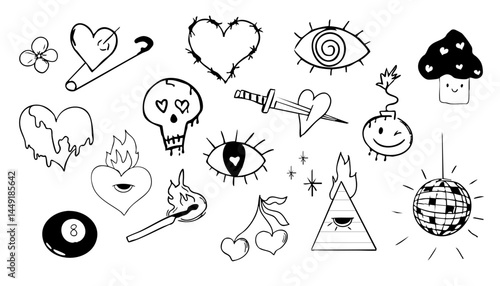Psychedelic doodle heart barbed wire, with fire and eye, graffiti groovy set. Retro tattoo grunge kit. Disco ball heart with pin, magic eight ball. 