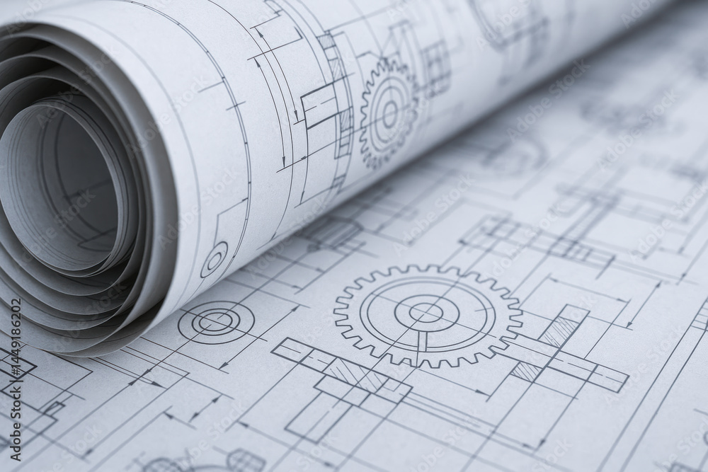 Mechanical blueprint with detailed gear and component drawings rolled up for consulting and design planning in engineering projects Mechanical blueprint with detailed gear and component drawings rolled up for consulting and design planning in engineering projects