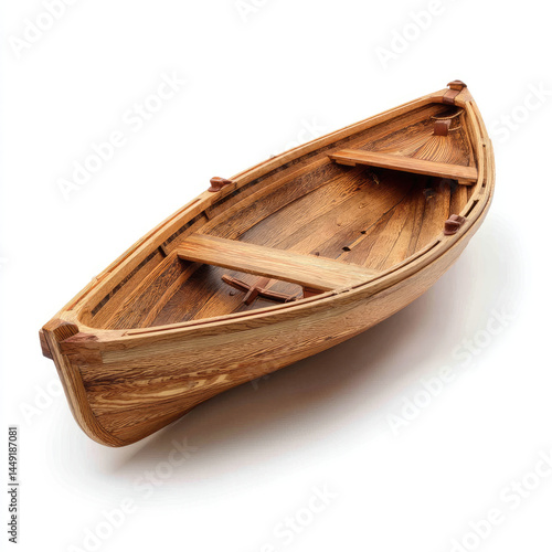 Wooden rowboat, crafted from light-brown wood, with two seats,  seaworthy appearance