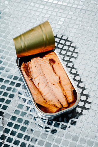 open can of tinned frigate tuna fillets