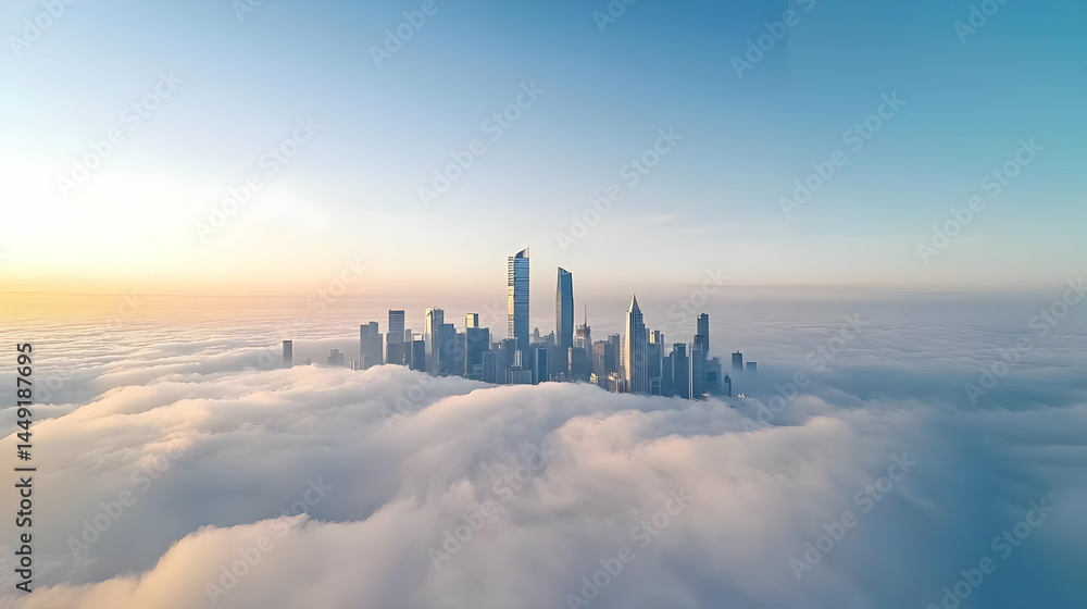 Fototapeta premium City Above Clouds Sunrise Panorama
