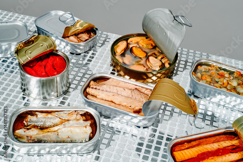 some open cans of tinned food on a mirrored surface