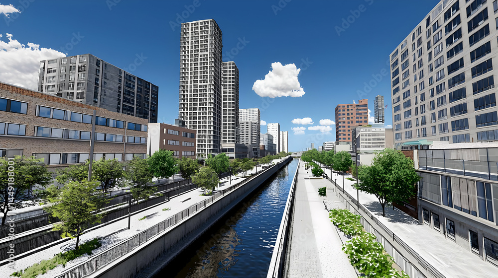 Obraz premium City Canal Scene With High Rise Buildings