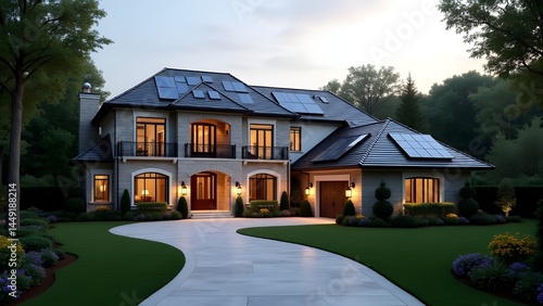 Luxury villa with smart solar roof tiles blending 
