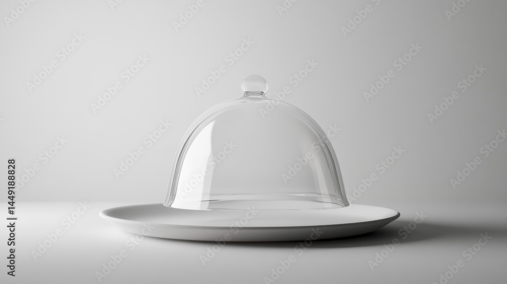 Clear glass cloche on a white plate Clear glass cloche on a white plate