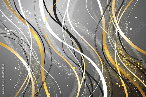 Dynamic Abstract Light Lines – Elegant Gray Background with White, Black, and Gold Flowing Streaks and Glitter for Modern Digital Design and Stylish Visual Effects