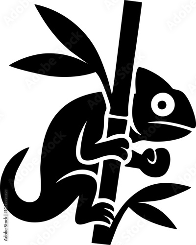 Chameleon and Bamboo Monochrome Illustration: A stylized chameleon clings gracefully to a bamboo stalk, presented in a stark monochrome illustration.