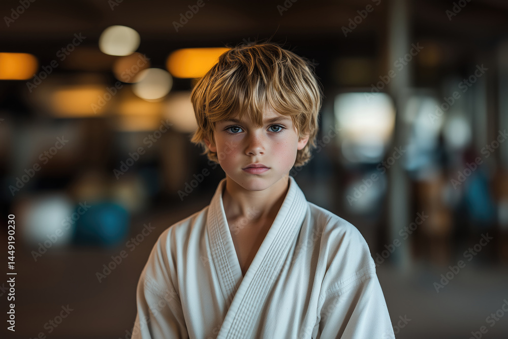 Fototapeta premium Young boy in white karate uniform, serious expression