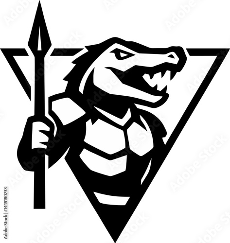 Fearless Alligator Warrior A stoic alligator rendered in monochrome clutches a spear set against a striking triangle backdrop Symbol of tenacity and resilience.