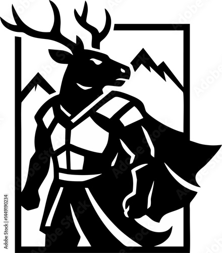 Majestic Guardian A bold illustration of a noble stag embodying strength and vigilance framed against a backdrop of towering mountain peaks symbolizing resilience and protection.