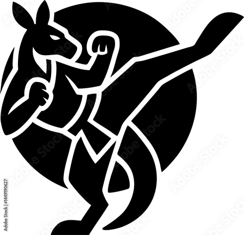 Kangaroo in Action A dynamic black and white silhouette of a kangaroo showcasing its strength and agility in a martial arts pose. 