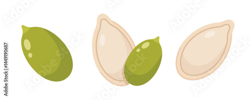 Illustrations of green pumpkin seeds and shells