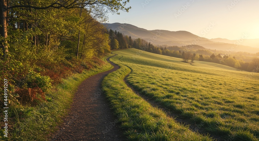 Naklejka premium Serene sunrise path winding through idyllic green hills breathtaking nature landscape