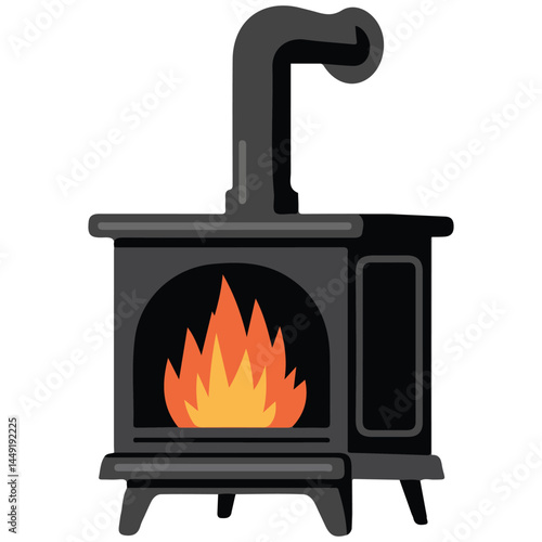 Vintage metal fireplace with burning fire isolated vector illustration on white background