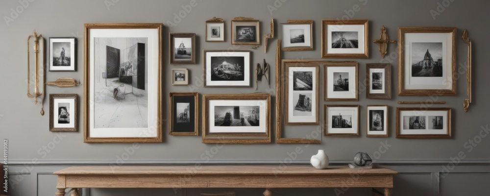 Obraz premium Elegant frame arrangement mockup; mixed frame styles and sizes create a balanced, visually appealing wall gallery , elegant, rustic