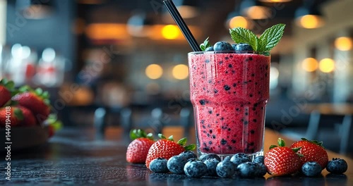 Refreshing berry smoothie in a vibrant caf? setting with fresh fruits on the table