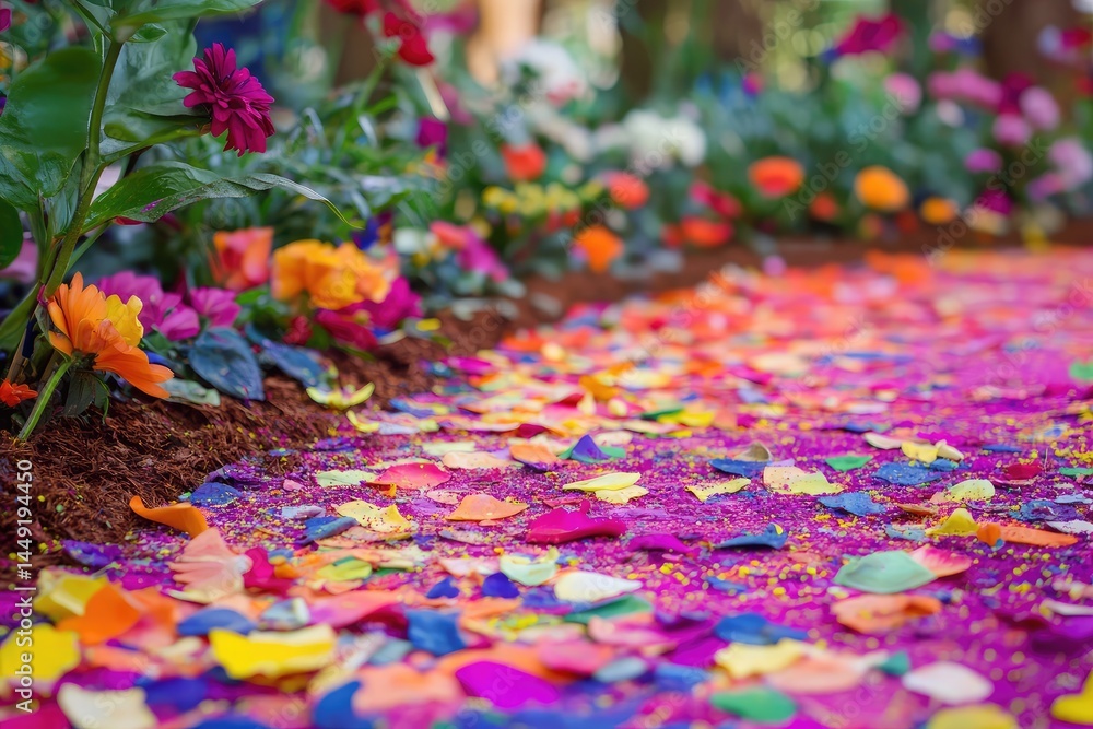 Obraz premium A vibrant pathway adorned with colorful flower petals and confetti.