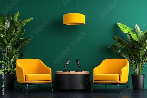 Podcast studio, yellow chairs, green walls, plants