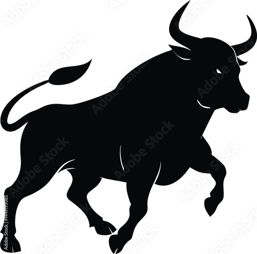 A stout black bull charges powerfully ahead with prominent horns in bold silhouette