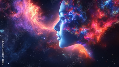 Cosmic woman portrait with vibrant nebula clouds and stars