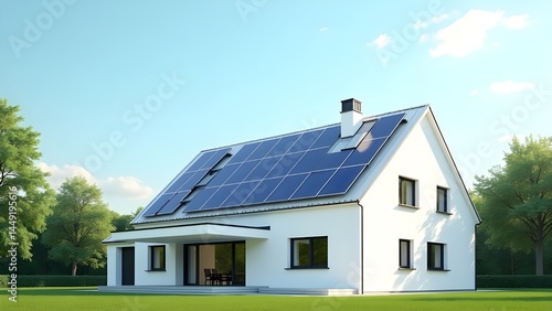 White suburban house with blue solar panels neatly arranged on the roof