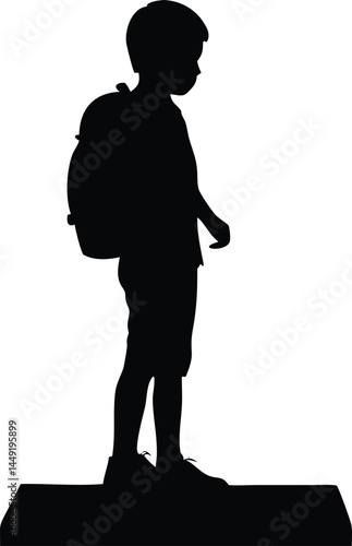 A thoughtful schoolboy with a backpack standing on a block is visible in black