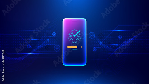 Futuristic mobile phone with progress update bar, checkmark and gear icon on screen, set against blue background with digital technology elements. Mobile application security and software development.