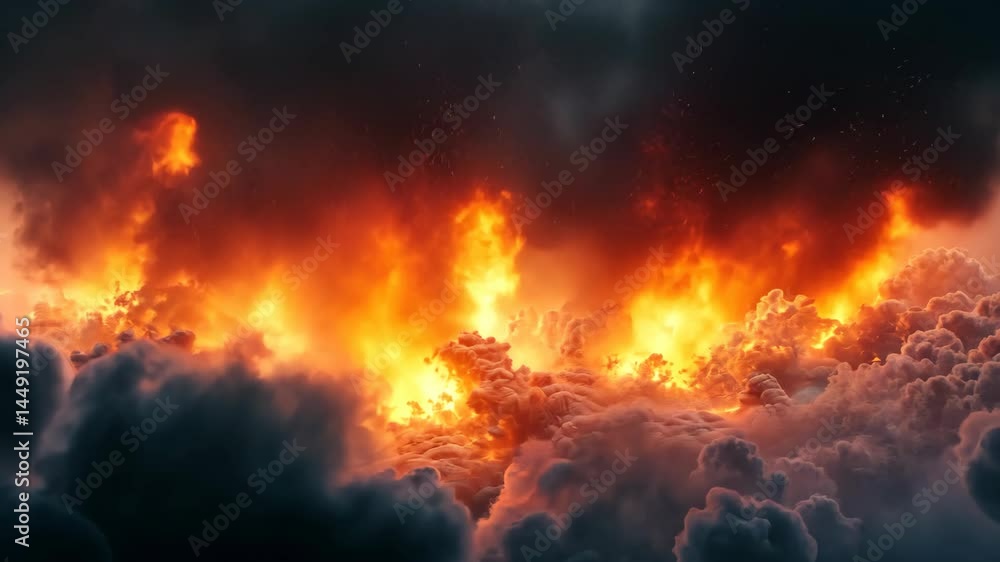 Fiery inferno erupts within dark, stormy clouds Fiery inferno erupts within dark, stormy clouds