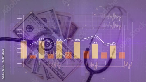 Financial data and stock market analysis animation over dollar bills and stethoscope