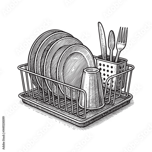 dish drying rack woodcut engraving vector illustration