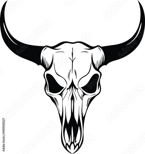 Bold black bull skull with large curved horns stands out against a clean white canvas