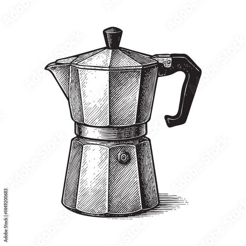 stovetop coffee percolator woodcut engraving vector illustration