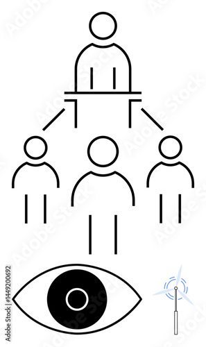 Person leading group in hierarchical structure, enhanced by eye symbol and wireless icon. Ideal for leadership, management, oversight, monitoring, communication, teamwork, simple landing page