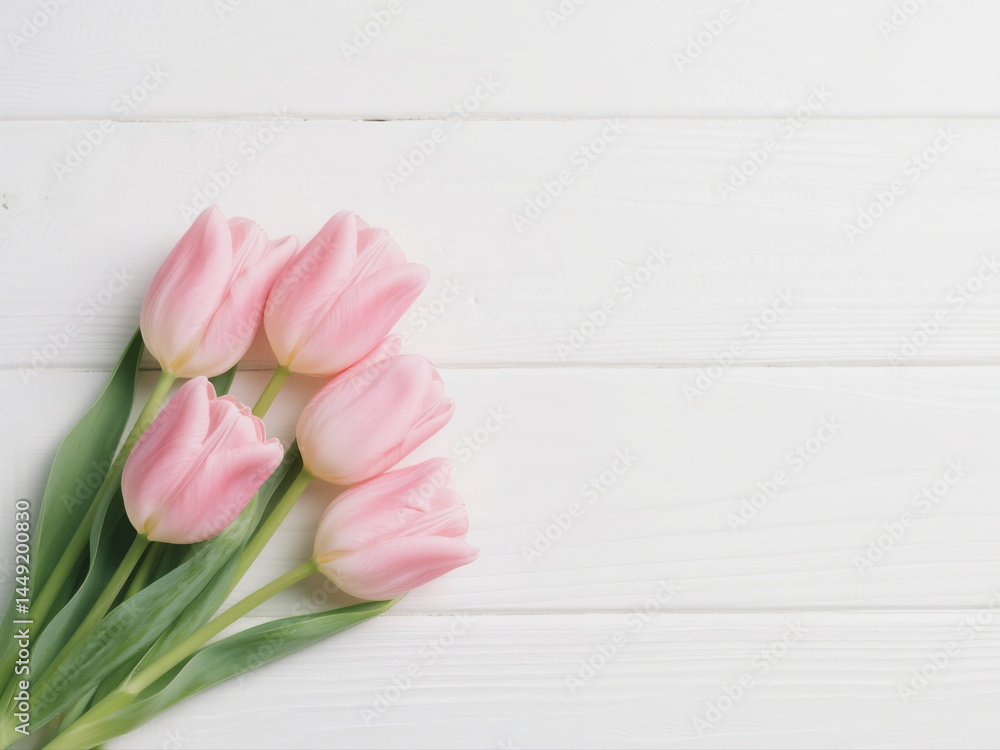 beautiful tulips on white wooden background, top view with copy space