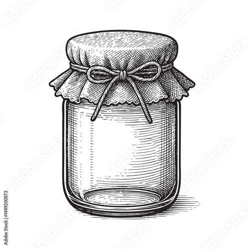 jam jar with fabric cover woodcut engraving vector illustration