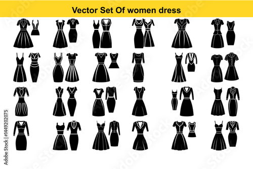 Vector set of Black and White women dress is isolated on white background. Casual, elegant and business cloths for women.