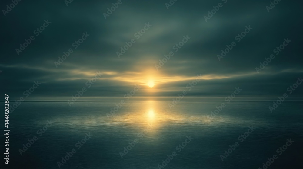 Obraz premium A serene, tranquil sunset reflected on a still, dark water surface.