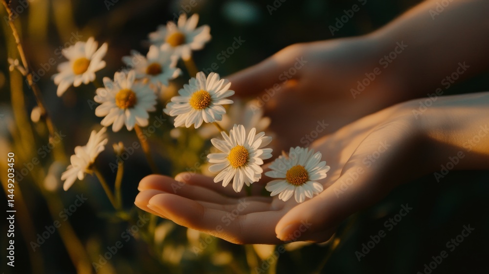 Daisy flowers and soft hands in garden, aromatherapy and peace in natural surroundings Daisy flowers and soft hands in garden, aromatherapy and peace in natural surroundings