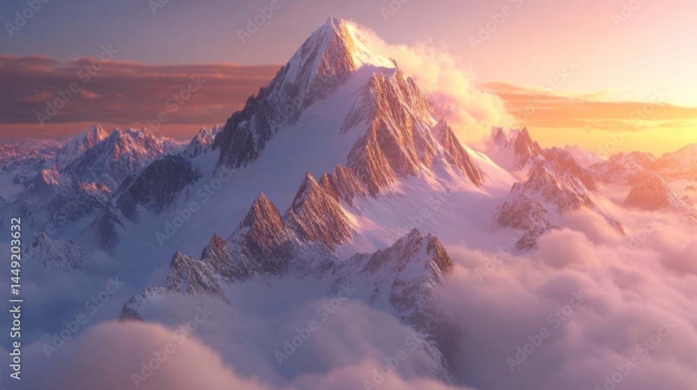 Early mountain sunrise above clouds, golden light touching peaks and sunset Early mountain sunrise above clouds, golden light touching peaks and sunset