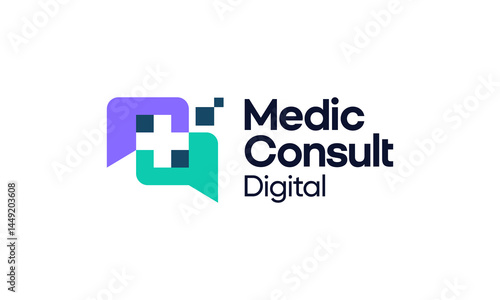 Medical consultation logo design. Cross Sign Medical vector design with chat bubble with digital pixel shape graphic icon symbol