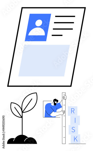 Profile card layout, plant growth symbolizing development, and person measuring risk using a growth ruler. Ideal for business, personal development, risk analysis, growth metaphor, education