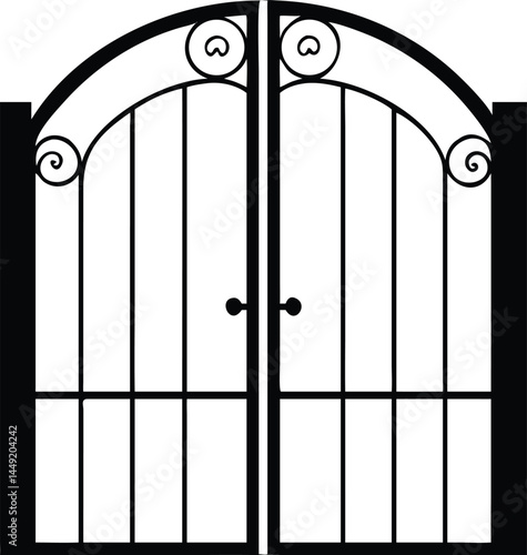 Intricate black iron gate features a beautiful arched top and classic scroll details