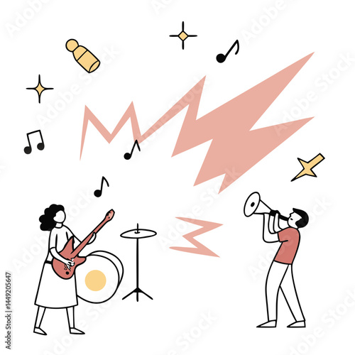 Musical Duo Playing Instruments with Vibrant Sound Waves  