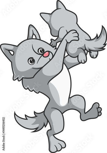big wolf is joking with little wolf, big wolf hugs little wolf