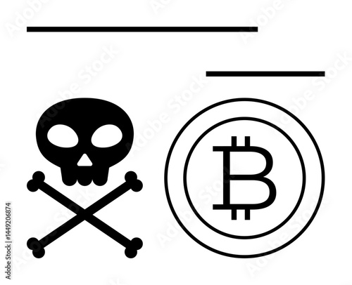 Skull and crossbones next to a Bitcoin symbol highlight risks, security threats, and dangers of cryptocurrency. Ideal for finance, cybersecurity, scams, digital assets, blockchain, warnings risk